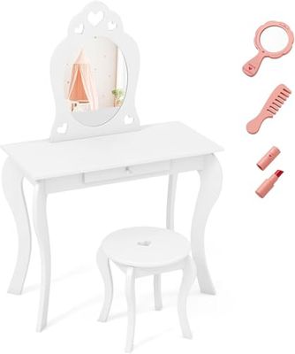 Fantaskk 2-i-1 barnsminkbordsset, sminkbord för barn, flickor med trippel hopfällbar spegel och låda, prinsessa-sminkbord med sminkpall i vitt