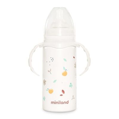 Miniland Thermobaby Valencia. Termo de 240ml de acero inoxidable con tetina, doble capa de acero, que mantiene la temperatura de la bebida fría y caliente durante horas