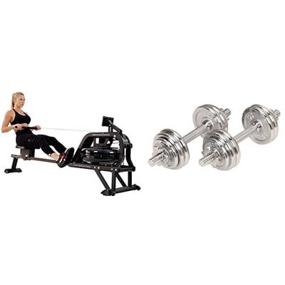 Sunny Health and Fitness Water Rowing Machine Rower w/LCD Monitor - Obsidian + Adjustable 15 KG Dumbbell Set with Carry Case,Space Saver