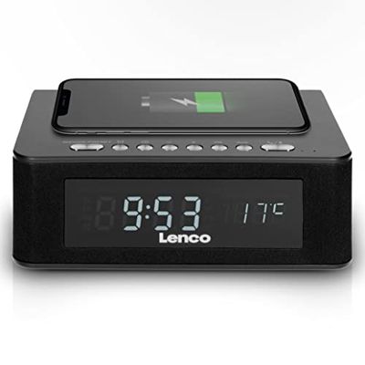 Lenco Radio-réveil CR-580 - Radio-réveil avec Bluetooth - Station de Charge sans Fil QI - NFC, USB et Affichage de la température - Noir