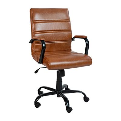 Flash Furniture Whitney obrotowe skórzane krzesło biurkowe z wyściełanym siedziskiem i podłokietnikami, regulowana wysokość, wyściełane skórzane krzesło biurowe, brązowe/czarne
