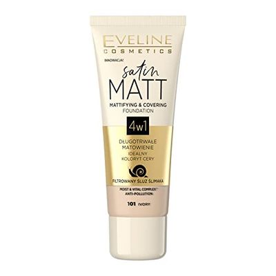 Eveline Cosmetics Satin Matt Matte Foundation No. 101 - Ivory, Velvet Texture with Buildable Coverage and Comfort, Infused with Snail Mucin and MOIST & VITAL COMPLEX™, 30ml