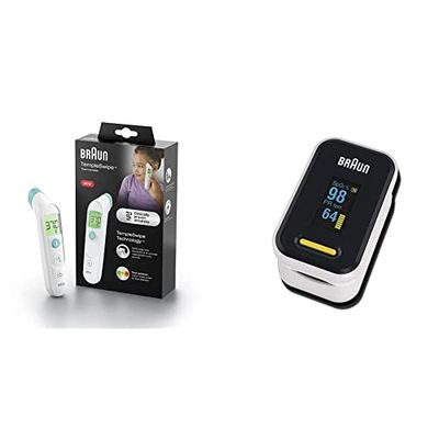 Braun TempleSwipe Forehead Thermometer (colour-coded temperature display, safe, hygienic, fast, clinically accurate, gentle, easy to use, for all ages​) BST200 & Braun Pulse Oximeter 1, YK-81CEU