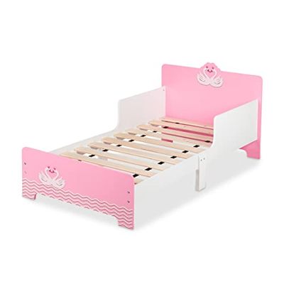 Relaxdays peuterbed met uitvalbeveiliging, HxBxD: 60x77x143 cm, lattenbodem, kinderbed met zwanenprint, MDF, wit/roze