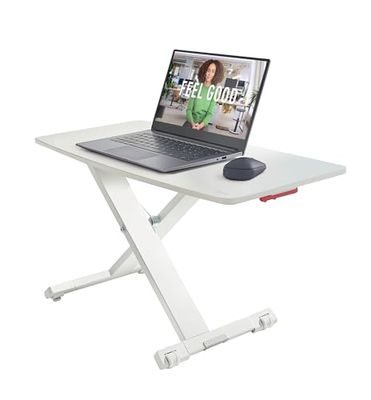 Leitz Standing Desk Converter, Compact Ergonomic Height Adjustable Stand For Computer Screens, Monitors & Laptops, Slimline & Saves Space, 700 x 350 mm, Ergo Cosy Range, White & Grey, 65330085