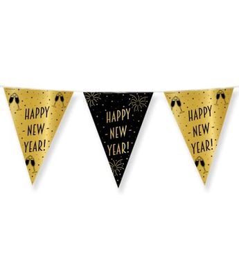 PD-Party 7031102 Classy Feest Bunting | Elegant - Happy New Jaar, Goud/Zwart, Folie, Dubbelzijdig, Driehoekig, Feest Decoraties Vlaggen, 1000cm Lengte x 30cm Breedte x 0.1cm Hoogte