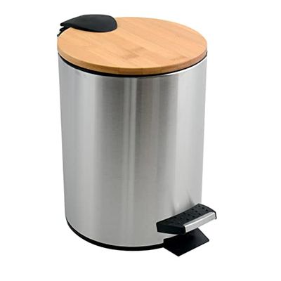 Spirella - Poubelle de Salle de Bain à Pédale en Acier ADONIS - Couvercle Bambou - Fermeture Douce Easy-Close, Bac Intérieur - Ø 17 x 22,5 cm - 3L - Brossé