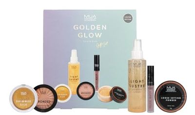 MUA GOLDEN GLOW 5PC (HIGHLIGHT, SHIM SPRAY, LIPSTICK, BRONZER & POWDER)