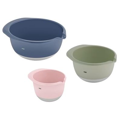 Emsa K324S3 Prep&Bake Set med 3 blandningsskålar i plast | 1,4 + 2,8 + 4,7 l | halkfri botten | perfekt stabilitet | hällläpp för exakt, ren hällning | diskmaskinssäker | rosa/grön/blå