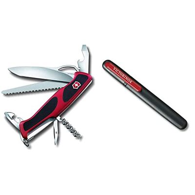 Victorinox, Ranger Grip 79, coltellino svizzero (12 funzioni, lama bloccabile a una mano) colore rosso/nero & affilatrice doppia, legno, nero/rosso, misura unica
