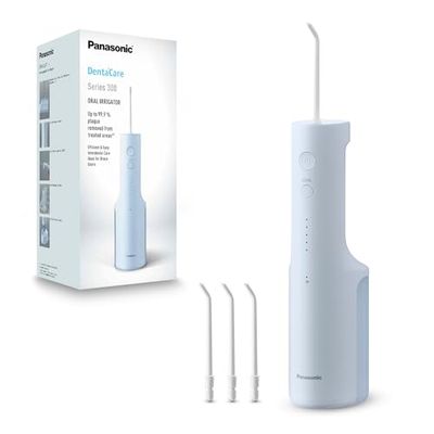 Panasonic Hydropulseur série 300 EW-DJ27-A311 - Irrigateur buccal pour dents, 200 ml, IPX7, 4 buses régulières, 5 réglages de pression, accessoire de voyage, bleu