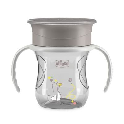 Chicco Perfect Cup Premier Children's Cup 200 ml, 1 Cup 12+ Months Baby Bottle for Learning to Drink, with 360° Silicone Membrane and Removable Handles, BPA-Free, Grey