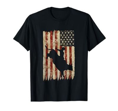 Rodeo Bull cavalcando bandiera americana retrò occidentale Maglietta