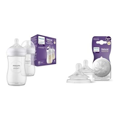 Philips Avent Natural Response-babyfles - 2 babymelkflessen van 260 ml, voor 1 maand en ouder (model SCY903/02) & Philips Avent Natural Response-flesspeen - 2 spenen voor babyfles, (model SCY965/02)