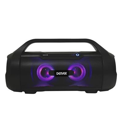 Denver Altavoz Bluetooth portátil BTG-615. USB, AUX. Volumen 19W. Batería Recargable 3000mAh. Resistente al Agua. Luces