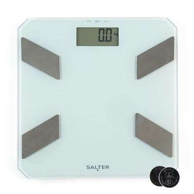SALTER Glass Analysis Scales - Electronic Digital Body Weight, Body Fat and Body Level 180kg/23st 3lb LCD Easy Read for 9 Users Instant Read Batteries Included