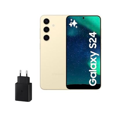 Samsung Galaxy S24 y Cargador 45W, Teléfono Móvil con IA, Smartphone Android, 8 GB RAM, 256 GB Almacenamiento, Cámara 50MP, Batería Larga Duración, Amarillo Amber (Versión Española)