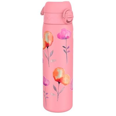 ION8 Botella de Agua Acero Inoxidable, 600ml, a Prueba de Fugas, Fácil de Abrir, Aptas para Lavavajillas, Cerradura Segura, Asa de Transporte, Fácil de Limpiar, Diseño en Relieve, Flores