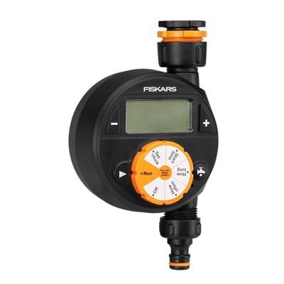 Fiskars Timer met 1 uitgang, voor alle standaard kranen, makkelijk afleesbaar LCD-display, universele maat, 380 g, zwart/oranje, 1054791