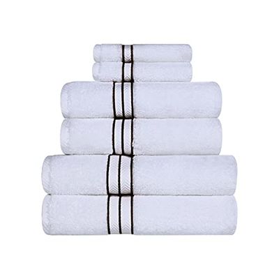 Superior Egyptian Hotel Collection Lot de 6 Serviettes de Luxe 900 g Bordure, 100% Coton peigné à Fibres Longues de qualité supérieure, Blanc/Chocolat, 38,7x47x11,4 cm