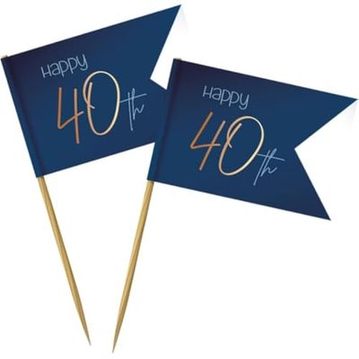 Folat 66840 Happy 40th Cocktail Pick Sticks 6.5cm Luxury Blue & Gold - 36 Pieces