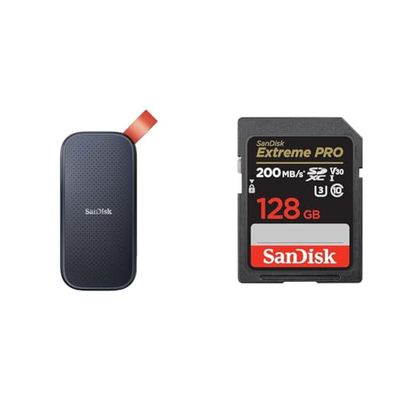 SanDisk 2TB Portable SSD - up to 800MB/s Read Speed, USB 3.2 Gen 2 & 128GB Extreme PRO SDXC card + RescuePRO Deluxe, up to 200MB/s, UHS-I, Class 10, U3, V30