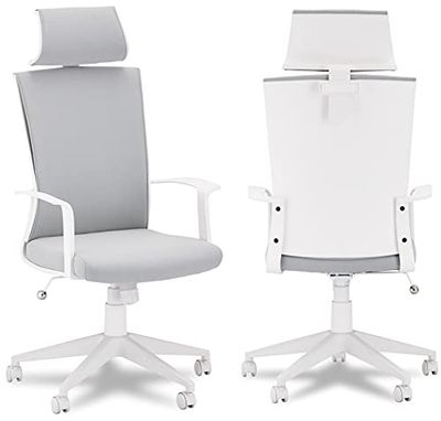 Ibbe Design Ergonomiczne Krzesło Biurowe Obrotowe Komputerowe Krzesło Bolero z Podłokietnikam, Regulacja wysokości siedziska, Biały/Szary, Tkanina, Funkcja przechylania, 60x61x130 cm