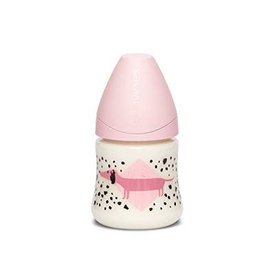 Suavinex Pret-a-porter babyfles + 0 maanden met zuiger, langzame latexstroom, roze (honden), 150 ml