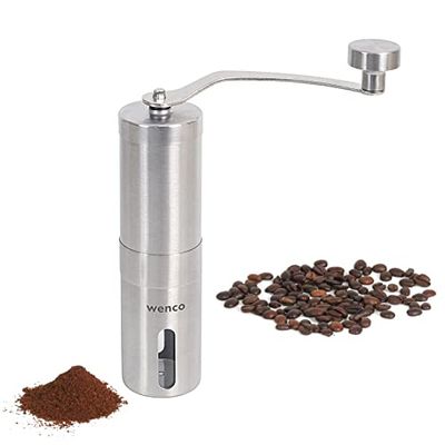 wenco Moulin à café manuel de qualité supérieure - Moulin à expresso et à café - Moulin réglable - 16,5 x 4,5 x 22 cm - Acier inoxydable - Argenté