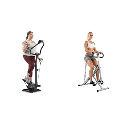 Sunny Health and Fitness Squat Assist Upright Row-N-Ride Rowing Machine + 2-in-1 Power Stepper with Resistant Bands & Handlebar, Height Adjustable, 330 LB MAX