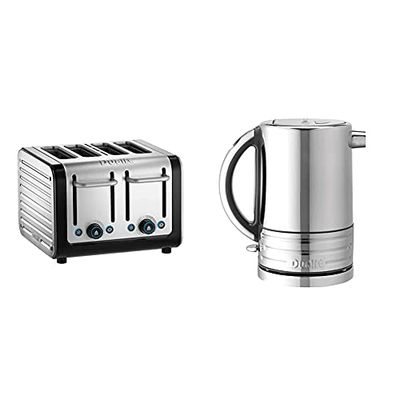 Dualit 46505 4-Slot Toaster, 2250 W, Stainless Steel with Black Finish & 72926 Architect Kettle | 1.5 L 2.3 KW Stainless Steel Kettle With Grey Trim | Rapid Boil and Patented Pure Pour Non-Drip Spout
