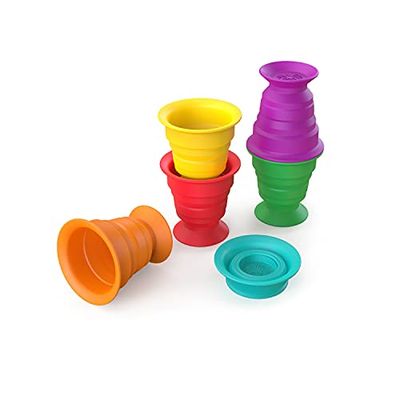 Baby Einstein, Set de 6 Jouets avec ventouses Stack & Squish Cups, jouets sensoriels pour la plage, le bain ou la maison, pour bébés et jeunes enfants, à partir de 6 mois