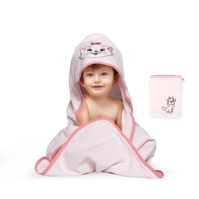 Disney Home Marie Cat zestaw ręczników z kapturem dla niemowląt do 5 lat, miękki i chłonny, certyfikat Oeko-Tex, 2-częściowy, ręcznik z kapturem 80 x 80 cm, myjka 15 x 20 cm