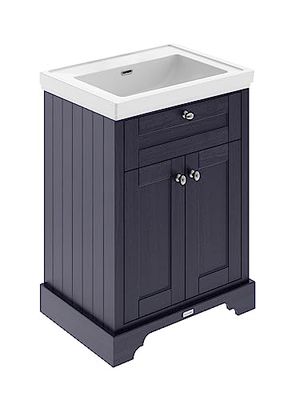 Hudson Reed LOF344 Old London Traditional Bathroom Floor Standing 2 Door Vanity Unit & 0 Tap Hole Fireclay Basin, 600mm, Twilight Blue