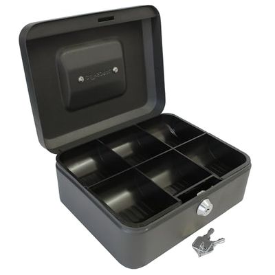 Cathedral Products Key Lockable Cash Box with Lift Out 6 Compartment Coin Tray - 8 Inch - Black