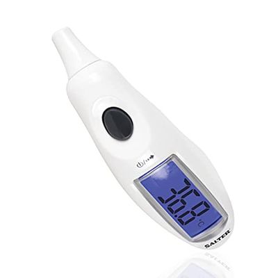 Salter TE-150-EU - Termometro auricolare displ. grande, misur. all'orecchio, allarme febbre, risult. in 1 secondo, grande displ. LCD, spegnim. aut., 10 richiami in mem., indic. batt. scarica, bianco