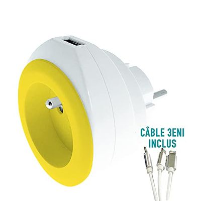 Oplader USB snel opladen 2, 4 A + 1 P 16 A Wit/Geel