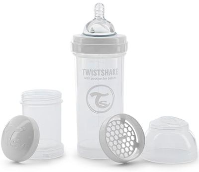 Twistshake Antikrampjesventiel Babyfles 260 ML, met Middelgrote Stroom Silicoon Spenen voor 2+ Maanden Baby, Babymelkpoeder Dispenser,