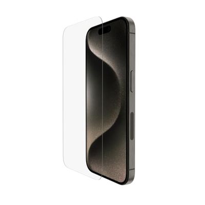 Belkin ScreenForce TemperedGlass antimicrobiële screenprotector voor iPhone 15 Pro, dun, kristalhelder, kraswerend, gehard glas met Easy Align-bevestigingsframe voor makkelijk luchtbelvrij aanbrengen