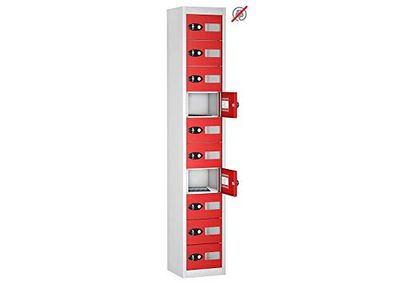 10 Vision Panel Door Tablet Storage Locker, Red, Hasp Lock