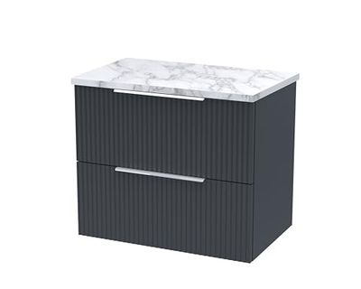 Hudson Reed DFF1493LCM Fluted Modern Bathroom Wall Hung 2 Soft Close Drawer Vanity Unit and Carrera Marble Laminate Worktop, 600mm, Soft Black