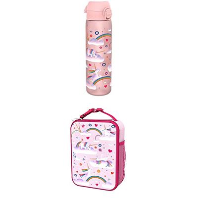 Ion8 Leak Proof Slim Water Bottle, BPA Free, Unicorn Rainbows, 500ml (18oz) I8LBPUNIRAIN Lunch Bag, Polyester, Unicorn Rainbows,Medium