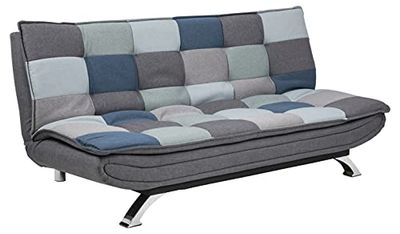 AC Design Furniture Jasper Sofá cama Patchwork azul/cinzento, com 3 posições reclináveis, moderno de 3 lugares sem apoio de braços, estofada com pernas cromadas, L: 196 x A: 91 x P: 98 cm