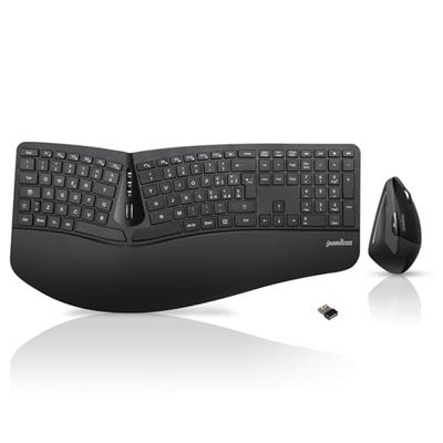Perixx Périduo-605, clavier ergonomique sans fil Split et souris verticale, QWERTY italien, touches silencieuses, clavier avec molette de défilement et repose-poignet, pour le syndrome du canal