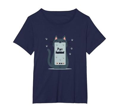 Asistente de ronroneo: Lindo diseño de teléfono Inteligente de Gato para Amantes de Las Camiseta, Mujer Tallas Grandes, Azul Marino, 1XL Grande
