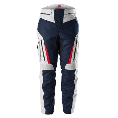 Furygan Killington-CE goedgekeurde motorbroek voor heren, waterdicht met D3O-beschermers, verwijderbare thermische voering, geventileerde verbindingsritssluiting, Blauw-parel-rood, L