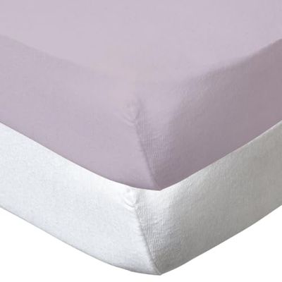 Babycalin - 2 Draps housse 70x140 cm Blanc/Lilas - Drap housse coton Doux Respirant Résistant - Drap 70x140 pour un sommeil paisible - Drap-Housse pour lit bébé - Hauteur Bonnets 17 cm