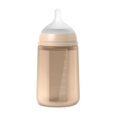Suavinex, Biberon avec Bouteille en Silicone et Tétine Symétrique SX Pro, Souple et Flexible, avec Valve Anti-colique, Biberon à Debit Moyen (M), pour Bébés +3 Mois. Colour Essence, Irish Cream