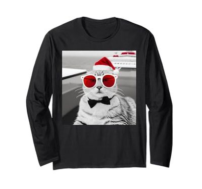 Cat A Cruise Ship Wearing A Christmas Hat And Sunglasses Long Sleeve T-Shirt