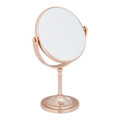 Relaxdays make up spiegel, 2x vergroting, spiegeltje dubbelzijdig, 360° draaibaar, rond, HBD 27.5x18x10.5 cm, koper